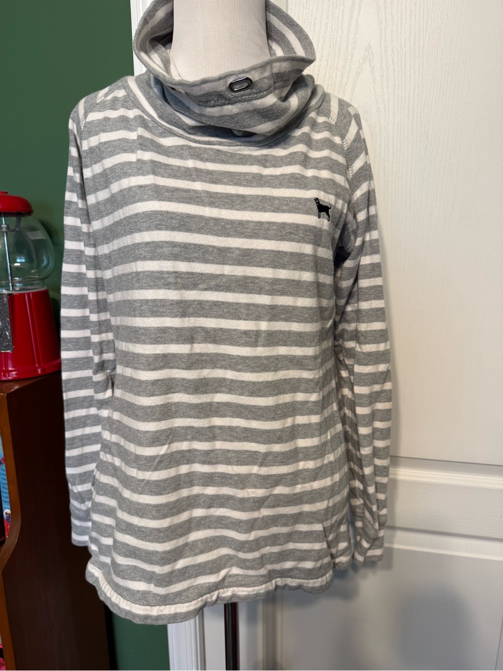 The Black Dog Gray & White Striped Cowl Sweater